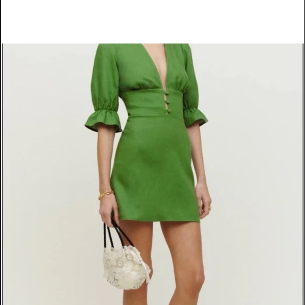 Reformation Green Fit and Flare Dress with Puff Sleeves